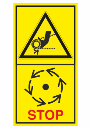 Značení strojů dle ISO 11 684 - Kombinovaný štítek: Nebezpečí řetěz nebo ozubený řemen / Vyčkej před manipulaci nebo otevřením až do úplného zastavení pohybujících se částí (Vertikální)