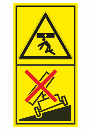 Značení strojů dle ISO 11 684 - Kombinovaný štítek: Nebezpečí stlačení shora / Nevstupuj při vyklápění ve svahu nebo na měkkém povrchu (Vertikální)