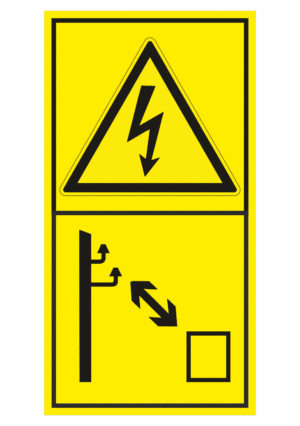 Značení strojů dle ISO 11 684 - Kombinovaný štítek: Pozor elektrické napětí / Dodržujte bezpečnou vzdálenost od rozvodů el. energie (Vertikální)