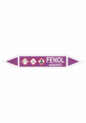 Značení dle ČSN - Oboustranné potrubní šipky se symboly GHS Kyseliny: Fenol